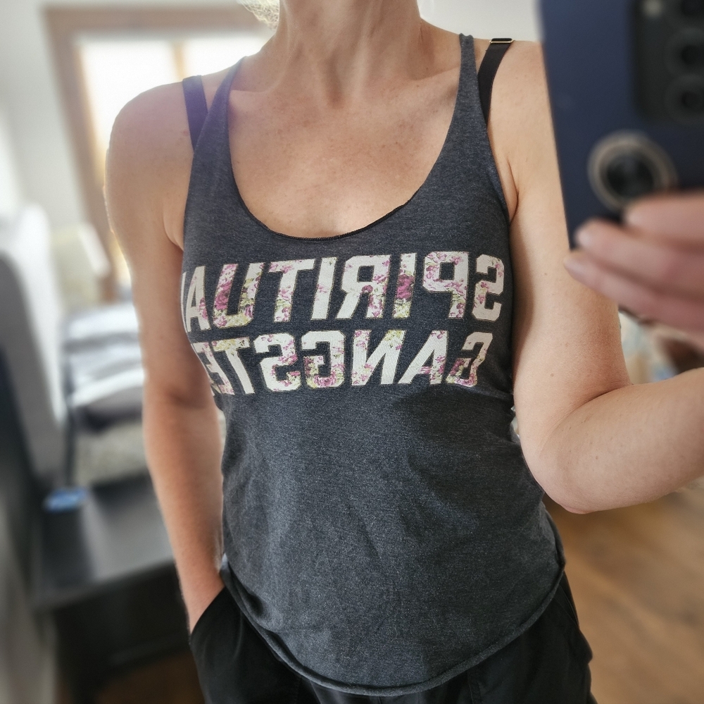 Spiritual Gangster Charcoal Gray Floral-Logo Tank, Size Small